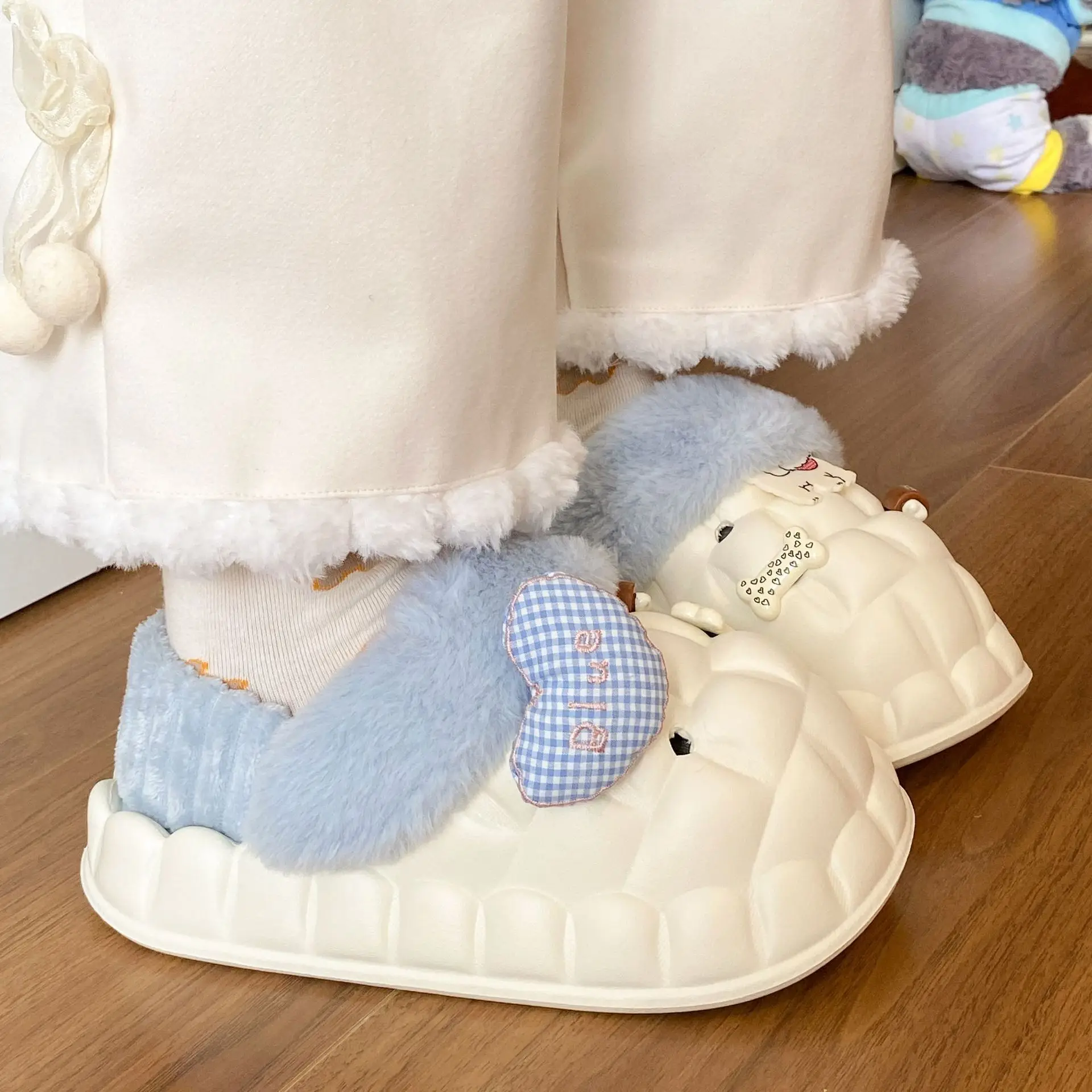 Winter Velvet Cotton Slippers for Women Blue White