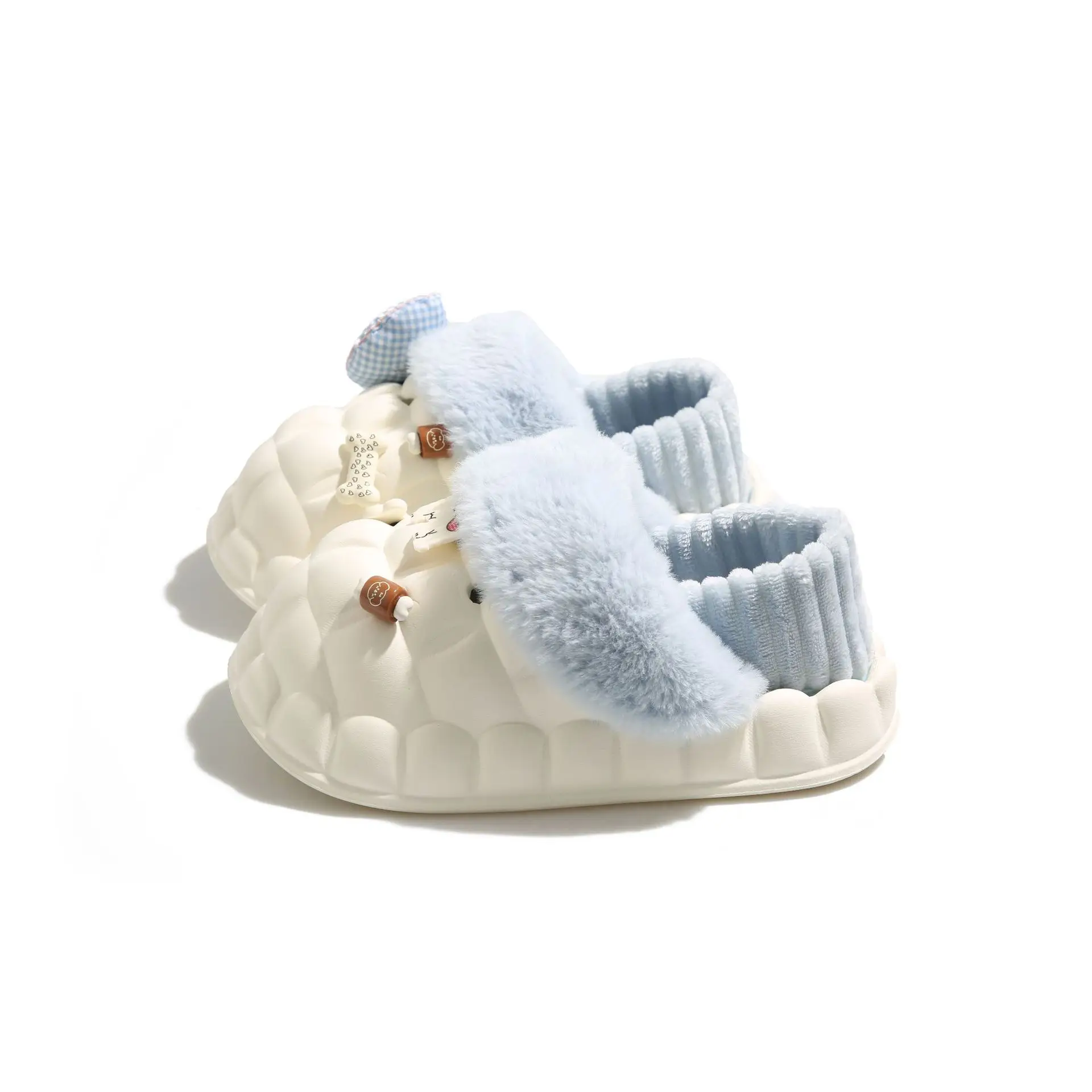 Winter Velvet Cotton Slippers for Women Blue White