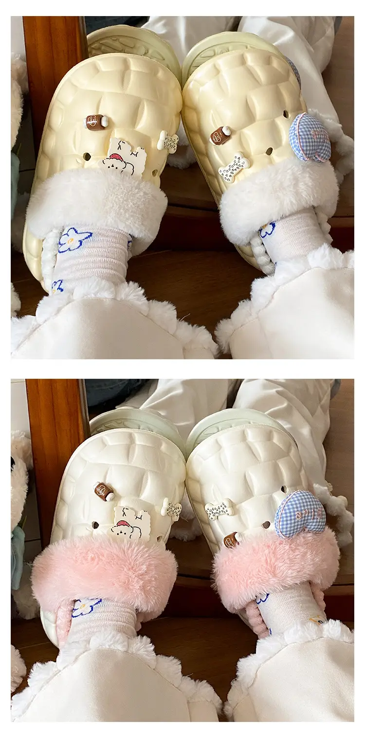 Winter Velvet Cotton Slippers for Women Blue White — feature 12