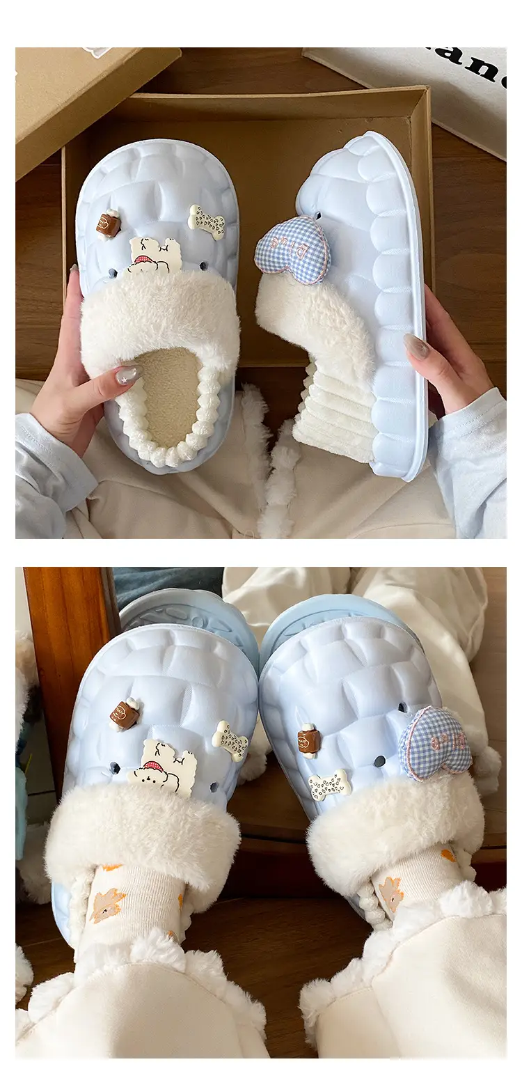 Winter Velvet Cotton Slippers for Women Blue White — feature 19