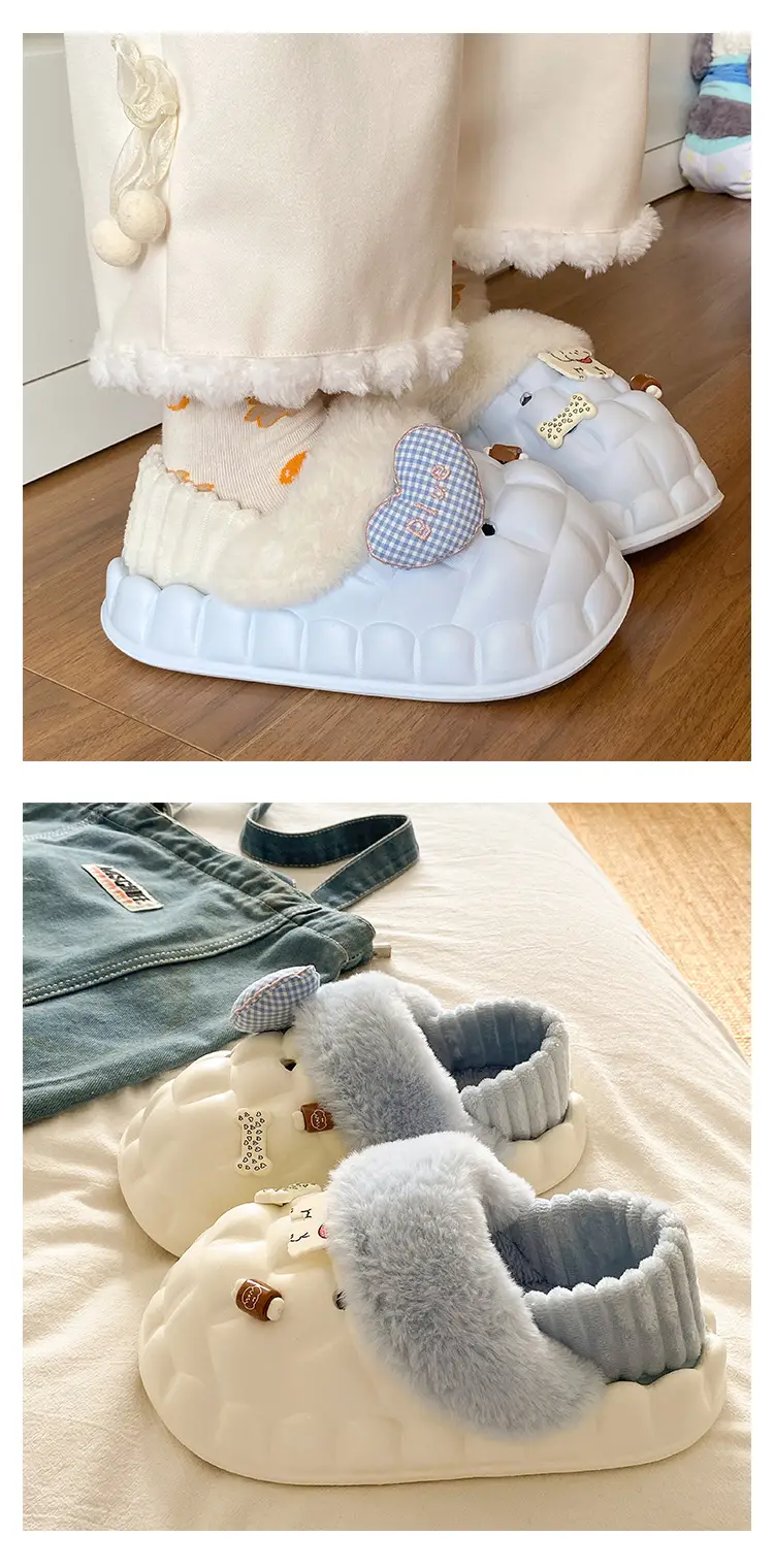 Winter Velvet Cotton Slippers for Women Blue White — feature 22