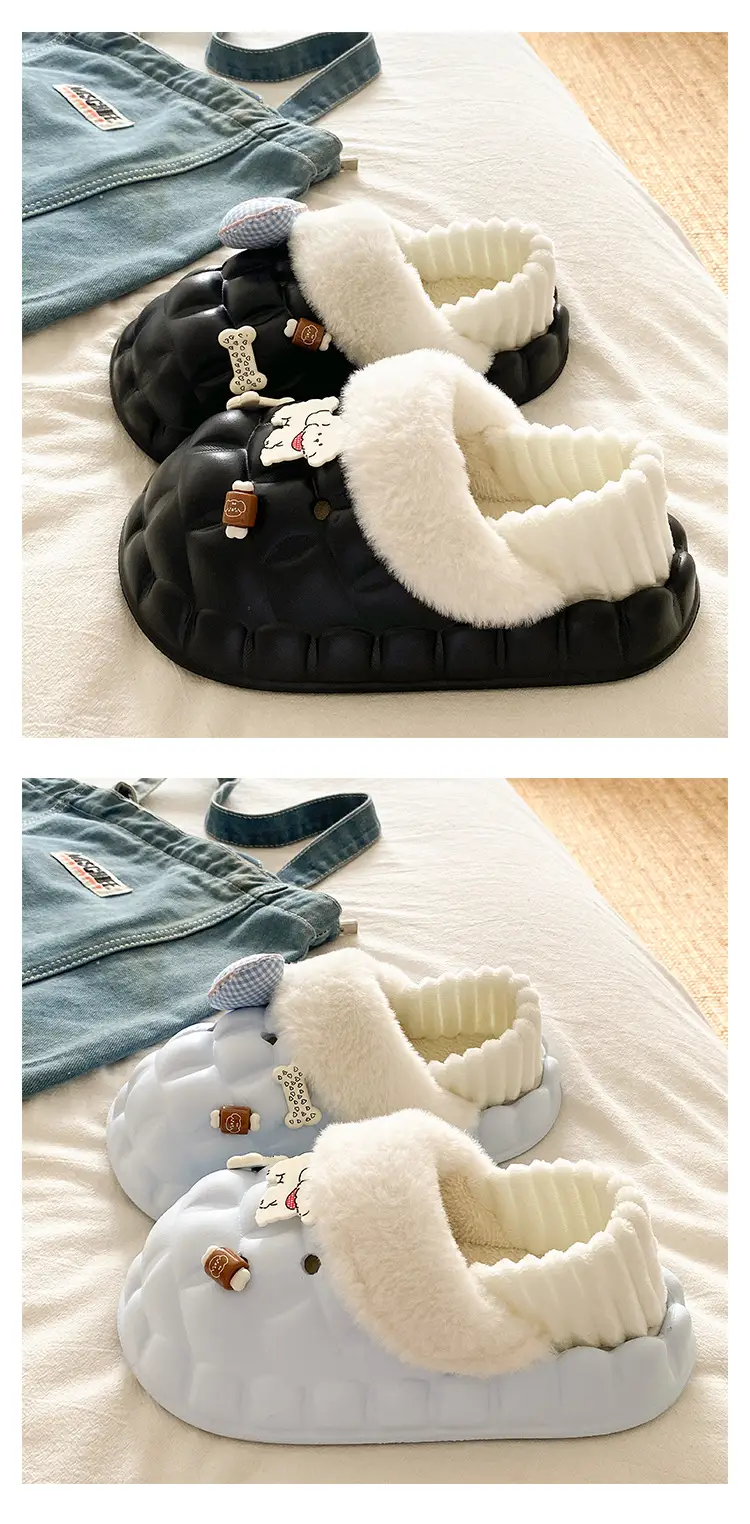 Winter Velvet Cotton Slippers for Women Blue White — feature 23