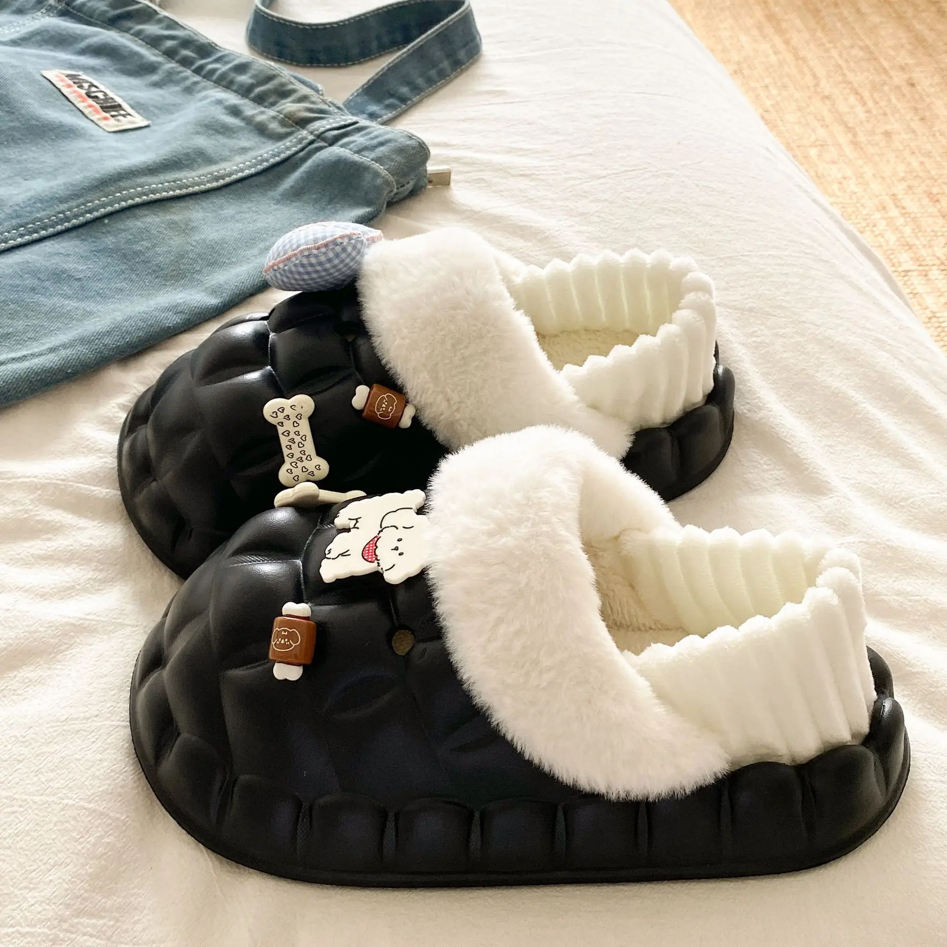 Winter Velvet Cotton Slippers for Women Blue White
