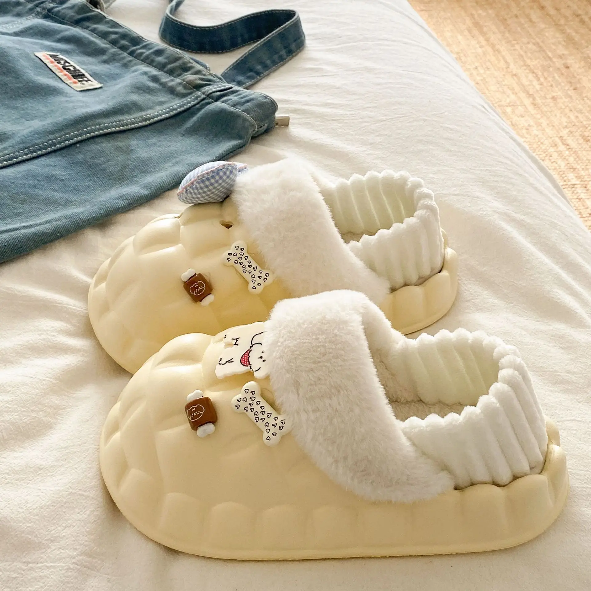 Winter Velvet Cotton Slippers for Women Blue White