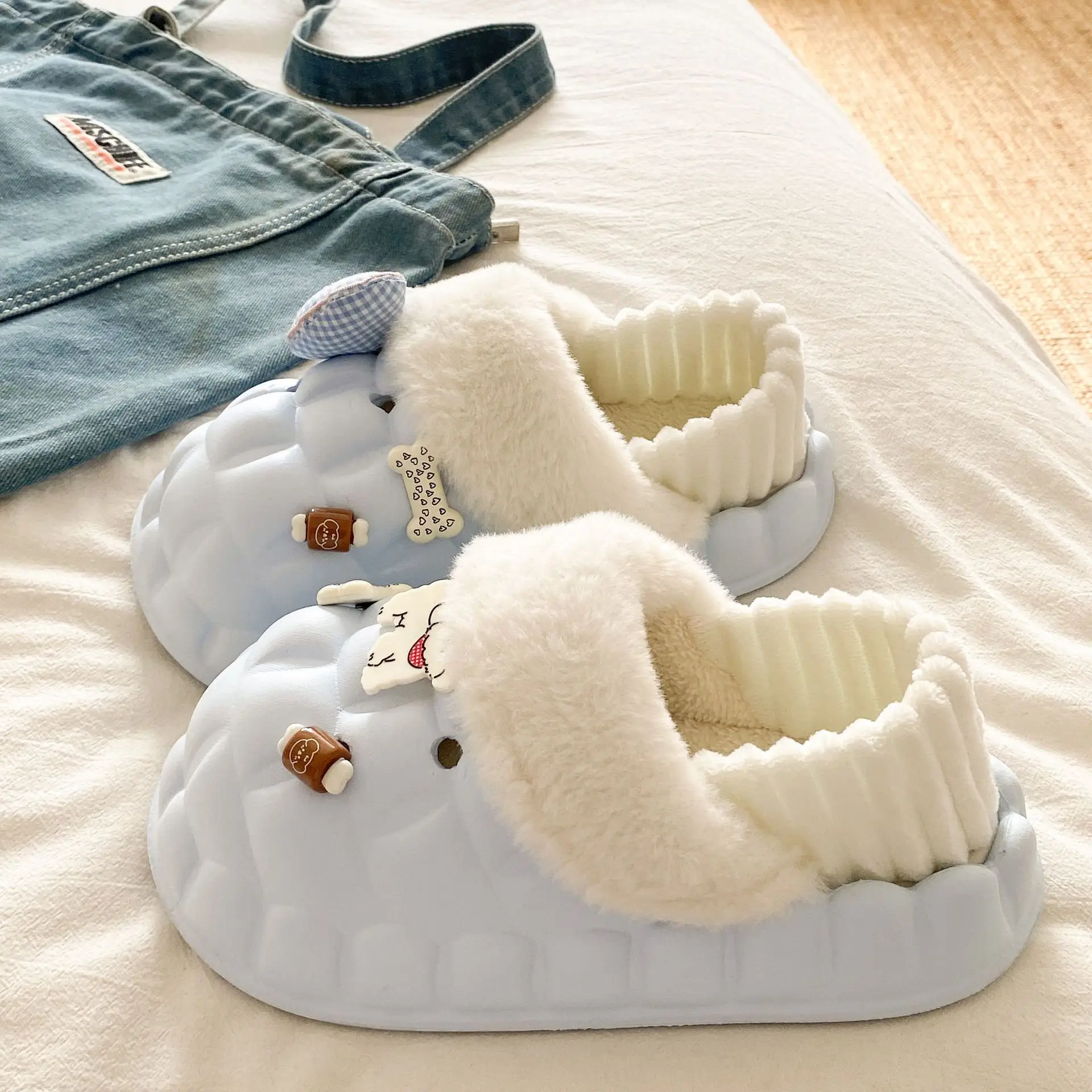 Winter Velvet Cotton Slippers for Women Blue White