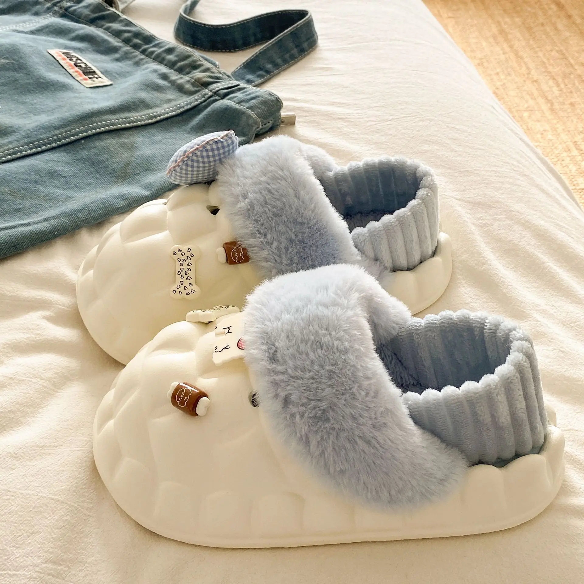 Winter Velvet Cotton Slippers for Women Blue White
