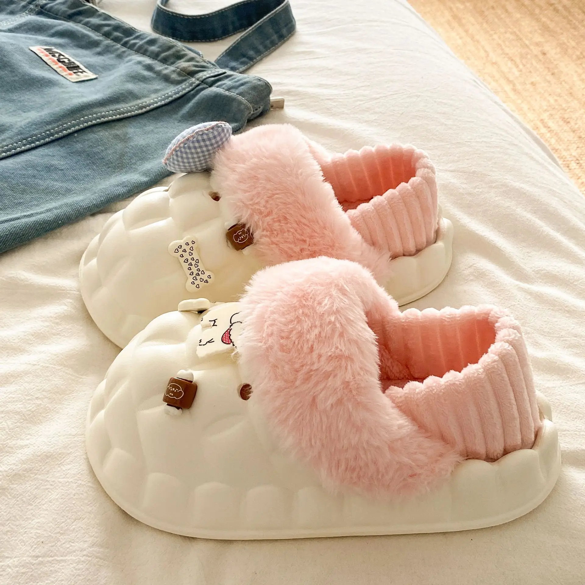 Winter Velvet Cotton Slippers for Women Blue White