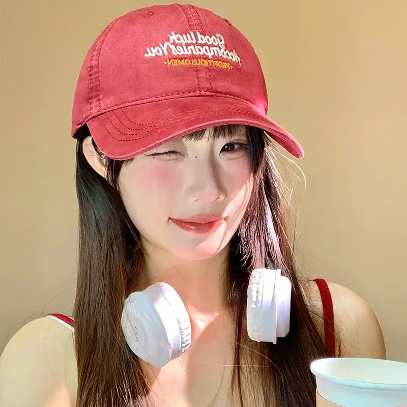 Women Red Embroidered Baseball Cap with Wide Brim - Image 5