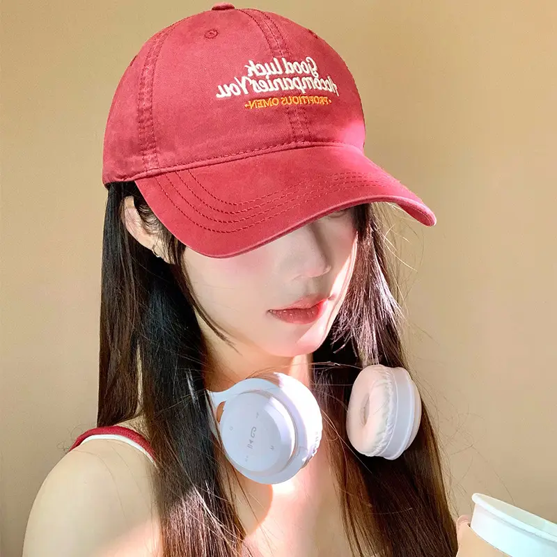 Women Red Embroidered Baseball Cap with Wide Brim - Image 6
