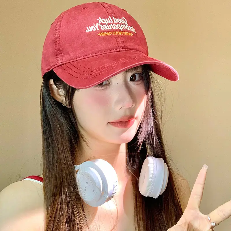 Women Red Embroidered Baseball Cap with Wide Brim - Image 7