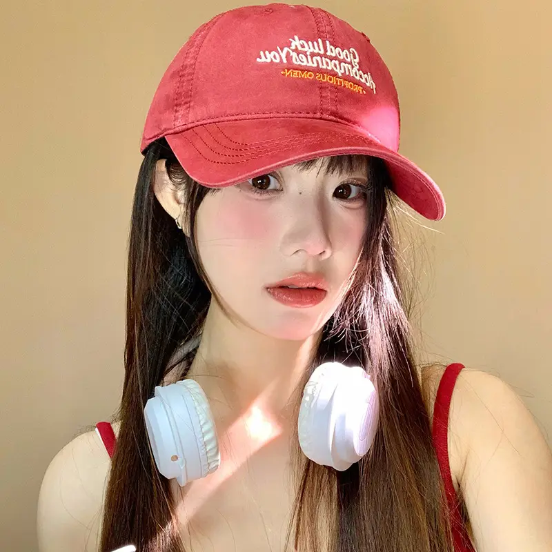 Women Red Embroidered Baseball Cap with Wide Brim - Image 8