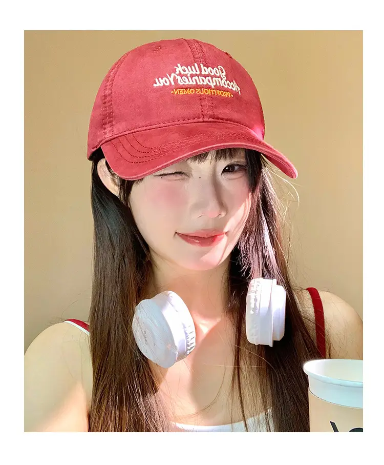 Women Red Embroidered Baseball Cap with Wide Brim — feature 10