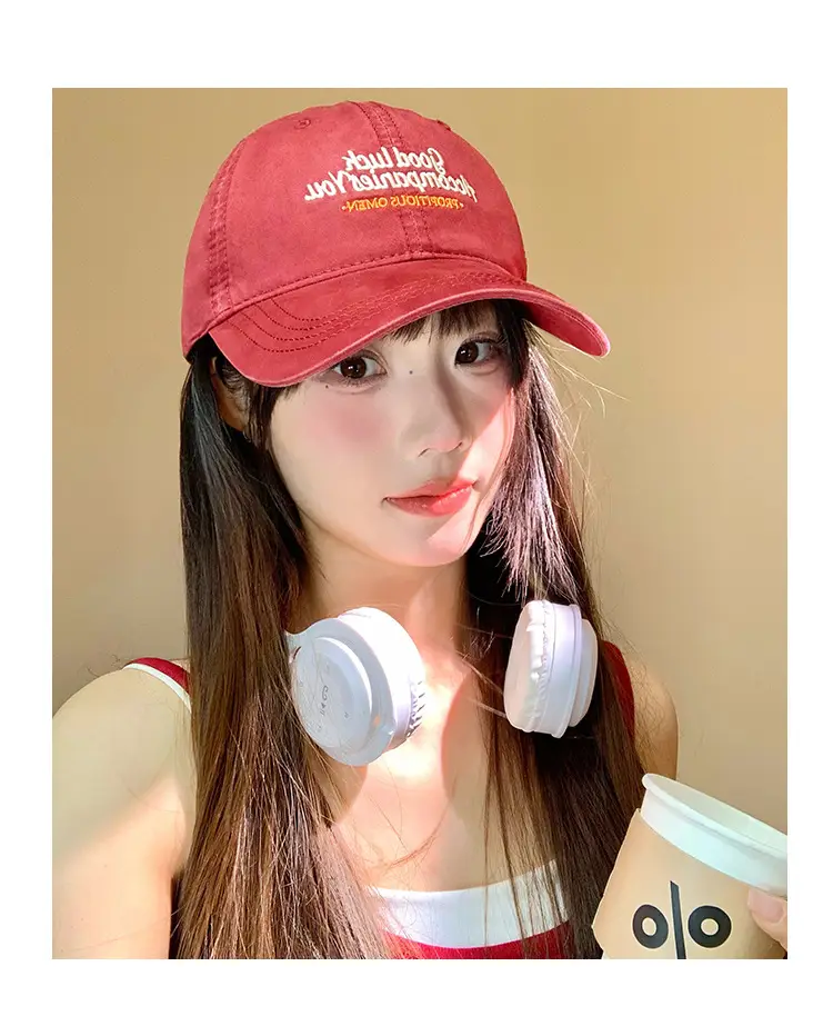 Women Red Embroidered Baseball Cap with Wide Brim — feature 11