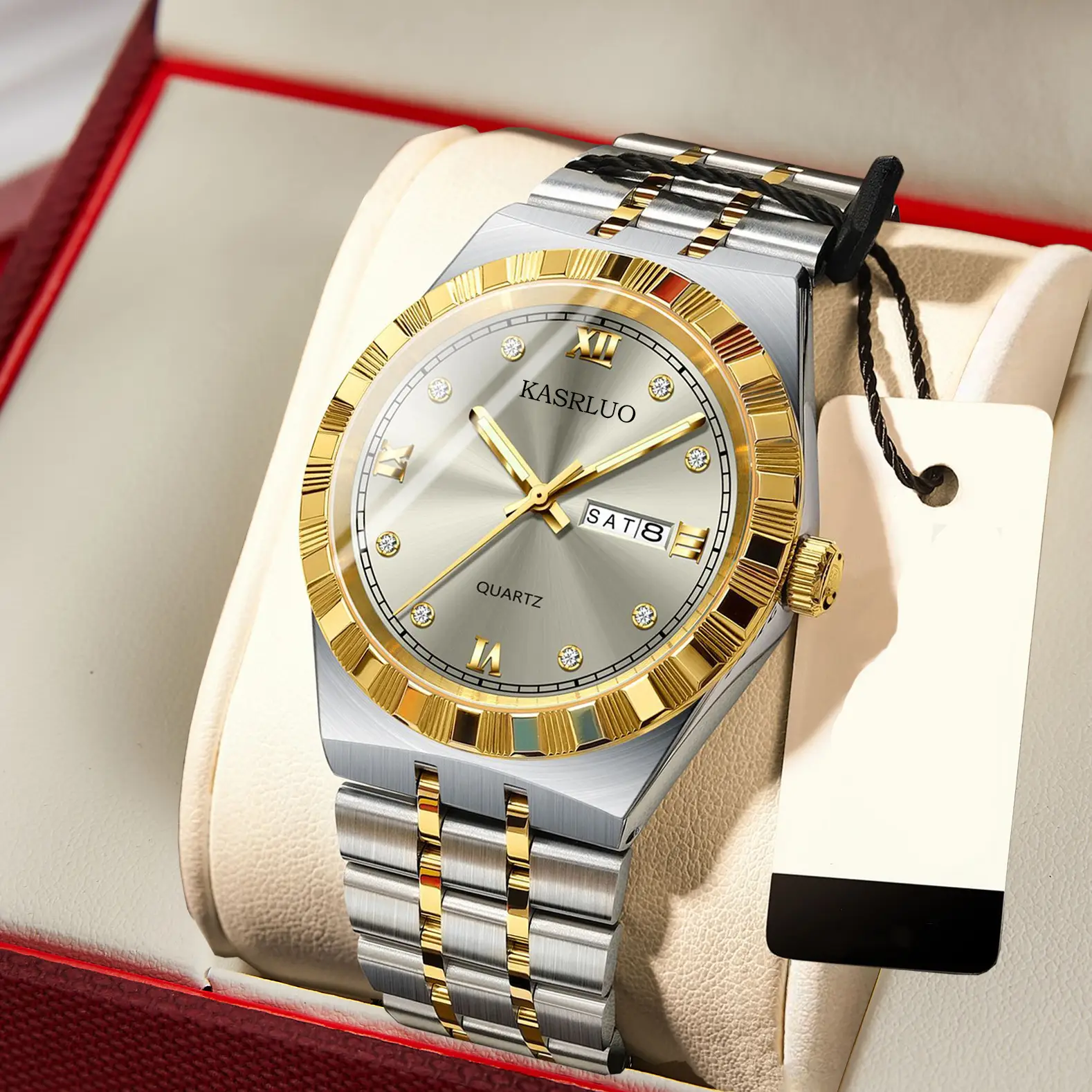 Men's Dual Calendar Ultra-Thin Quartz Watch with Gold Bracelet - Image 16