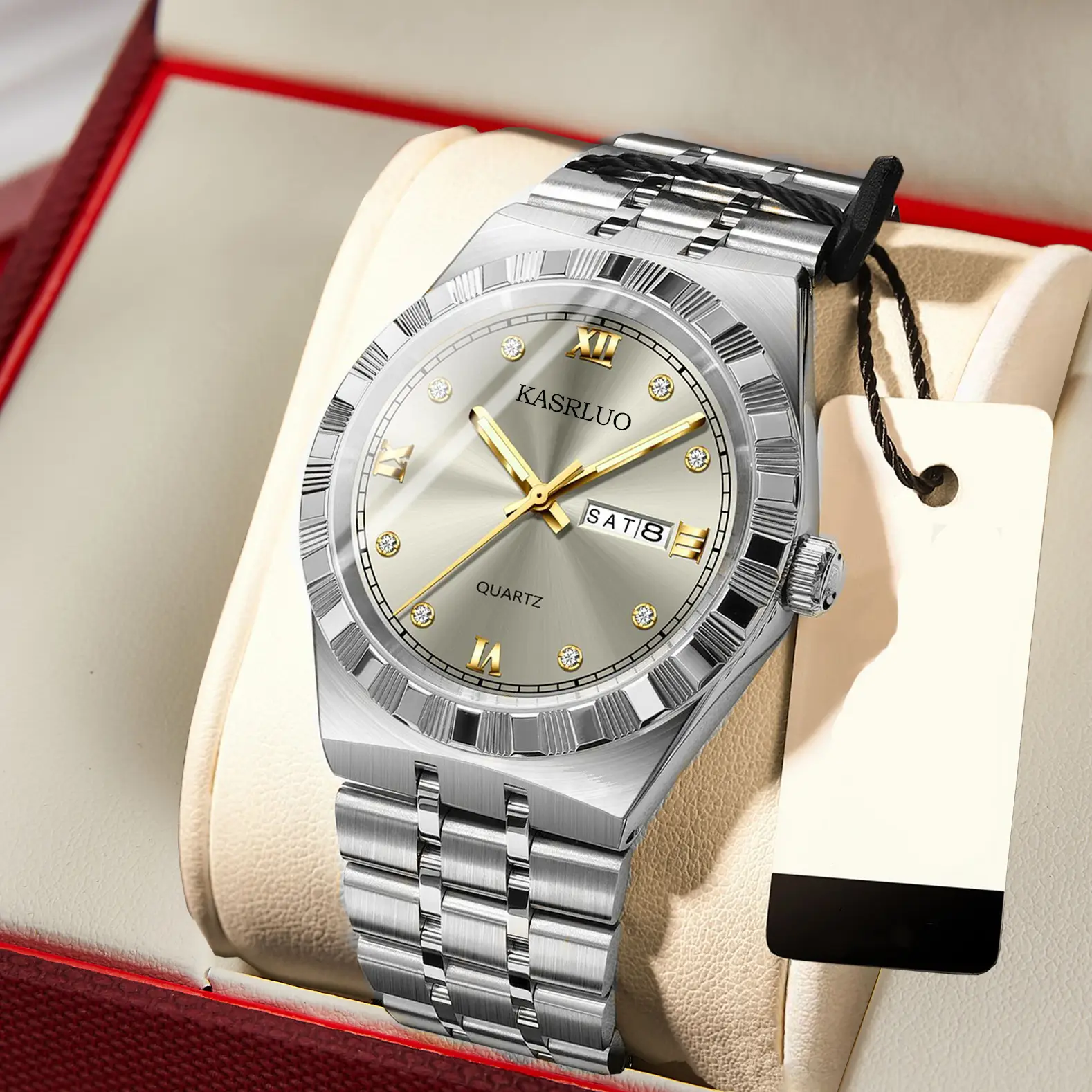 Men's Dual Calendar Ultra-Thin Quartz Watch with Gold Bracelet - Image 18