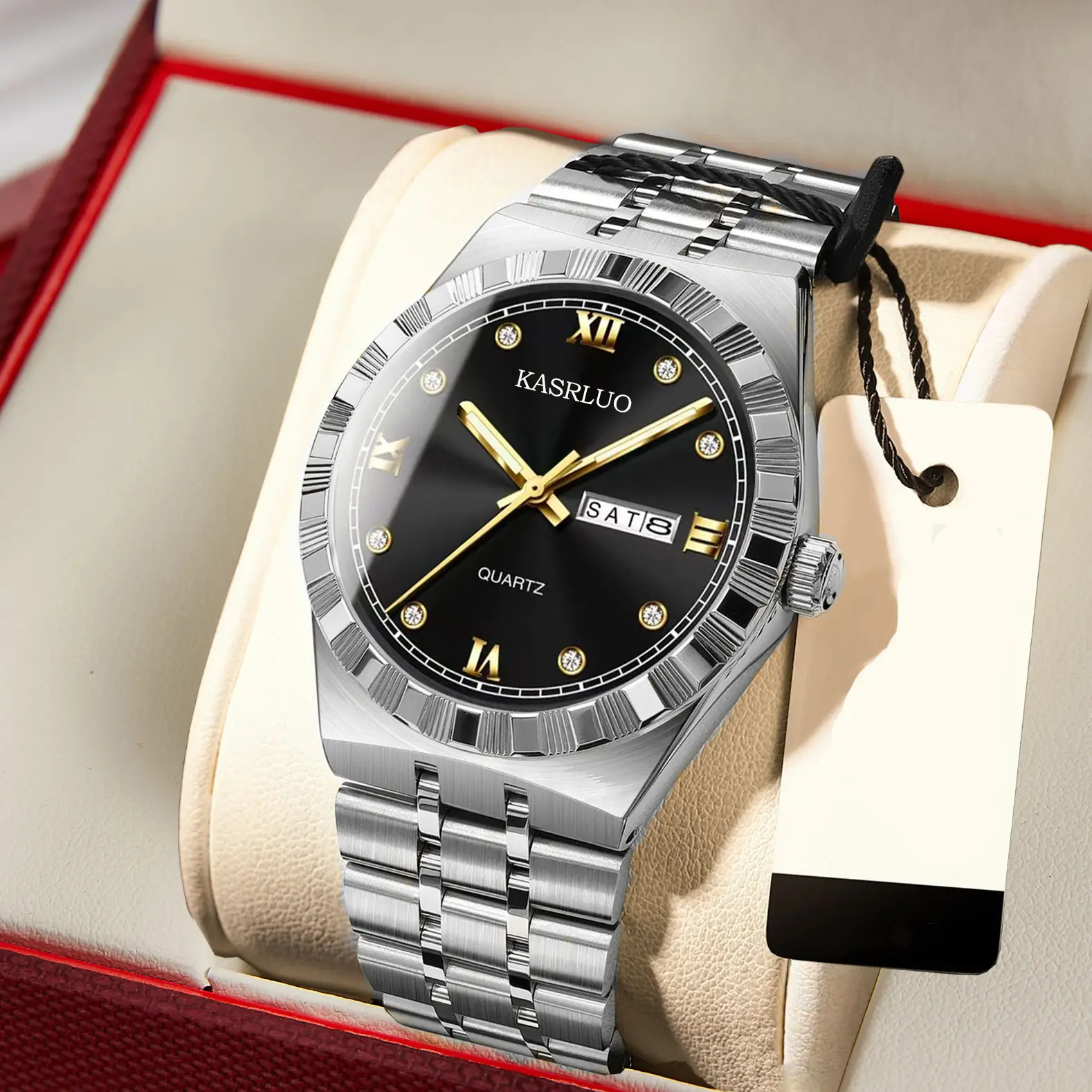 Men's Dual Calendar Ultra-Thin Quartz Watch with Gold Bracelet - Image 7