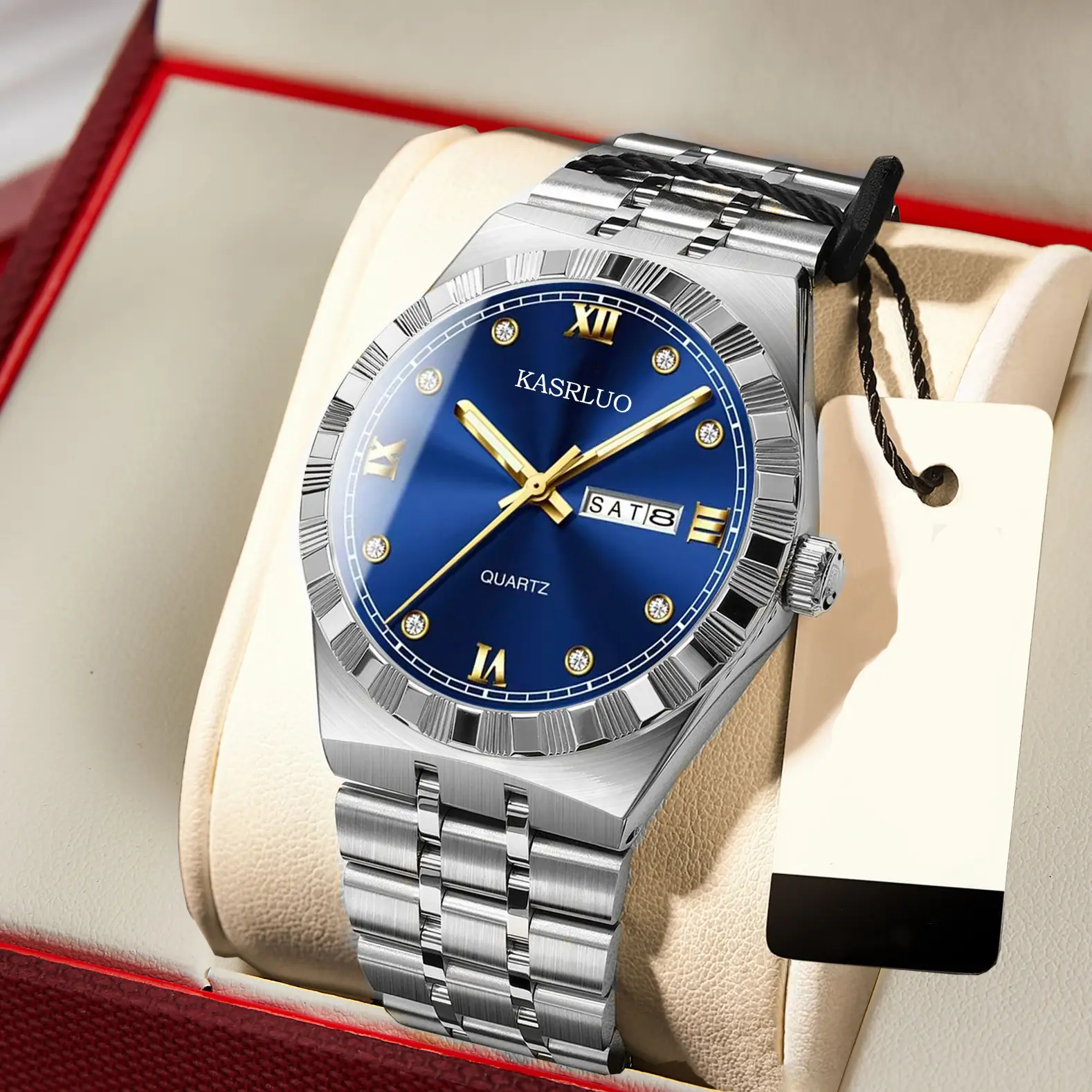 Men's Dual Calendar Ultra-Thin Quartz Watch with Gold Bracelet - Image 8