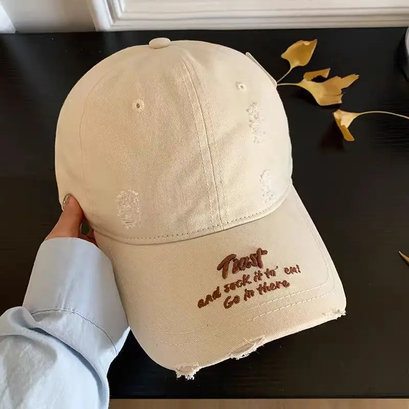 Women Distressed Cap Brown Spring Letter Embroidery - Image 4