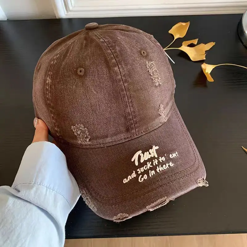 Women Distressed Cap Brown Spring Letter Embroidery - Image 7