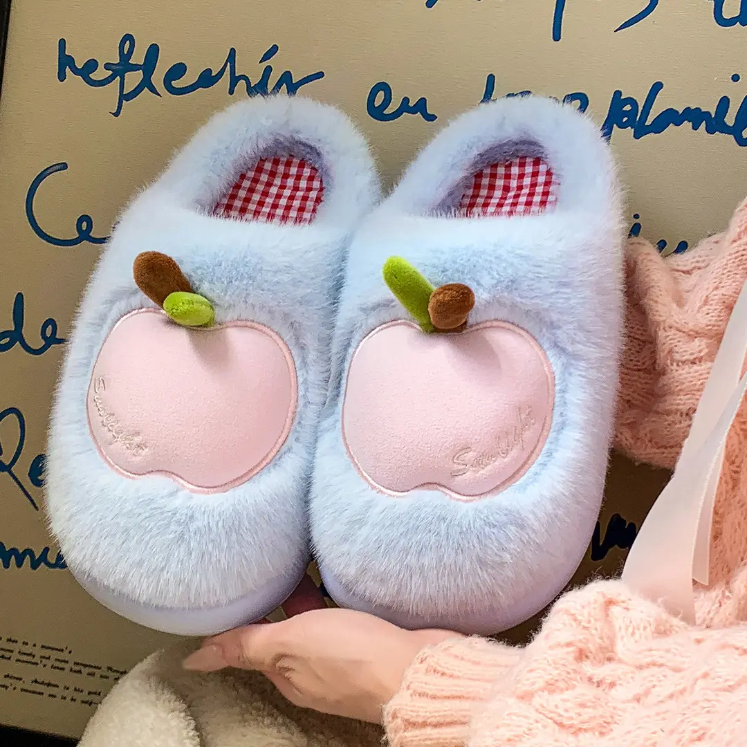 Apple Cotton Slippers for Women 2025 Autumn and Winter New Indoor Home Fleece-Lined Warm Couple Thick-Soled Plush Cotton Shoes for Men
