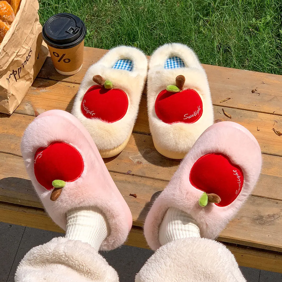 Apple Cotton Slippers for Women 2025 Autumn and Winter New Indoor Home Fleece-Lined Warm Couple Thick-Soled Plush Cotton Shoes for Men