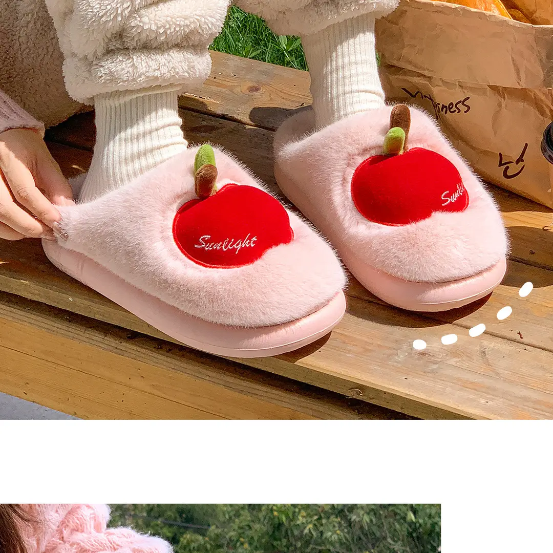 Apple Cotton Slippers for Women 2025 Autumn and Winter New Indoor Home Fleece-Lined Warm Couple Thick-Soled Plush Cotton Shoes for Men — feature 12