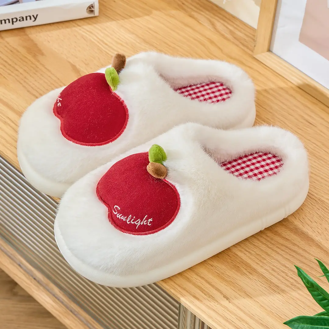 Apple Cotton Slippers for Women 2025 Autumn and Winter New Indoor Home Fleece-Lined Warm Couple Thick-Soled Plush Cotton Shoes for Men