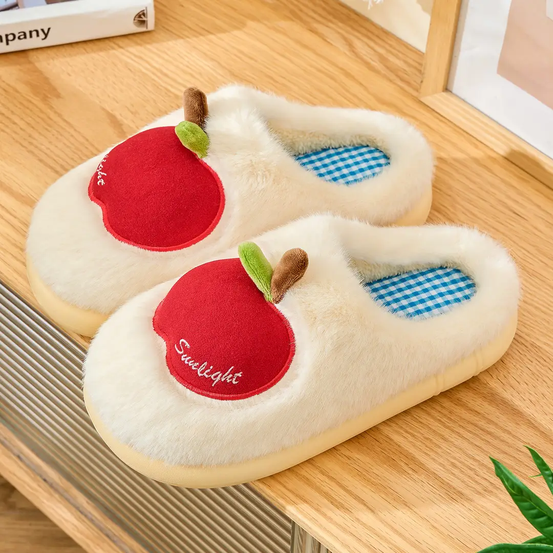 Apple Cotton Slippers for Women 2025 Autumn and Winter New Indoor Home Fleece-Lined Warm Couple Thick-Soled Plush Cotton Shoes for Men