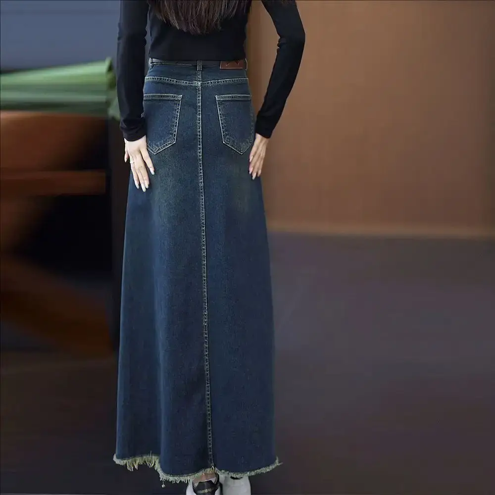 Women A-Line Dark Blue Denim Skirt 2025