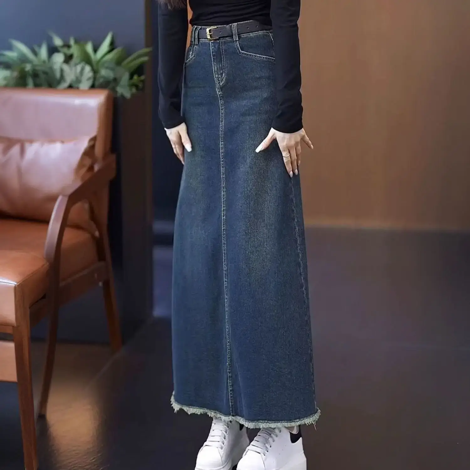 Women A-Line Dark Blue Denim Skirt 2025