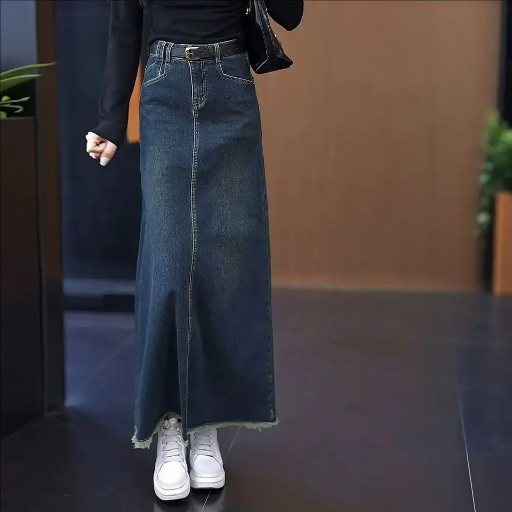 Women A-Line Dark Blue Denim Skirt 2025