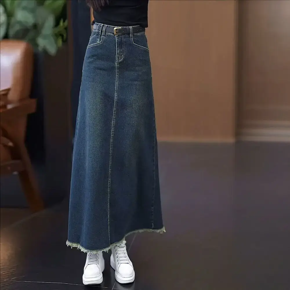 Women A-Line Dark Blue Denim Skirt 2025