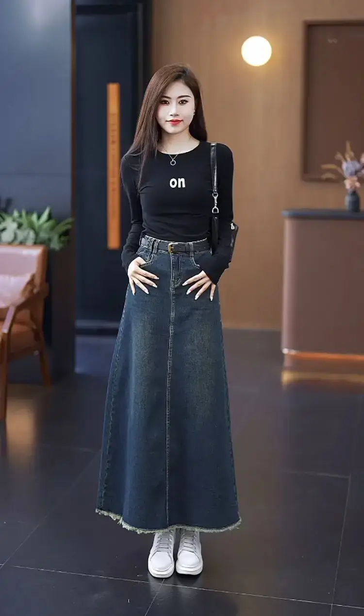 Women A-Line Dark Blue Denim Skirt 2025 — feature 16