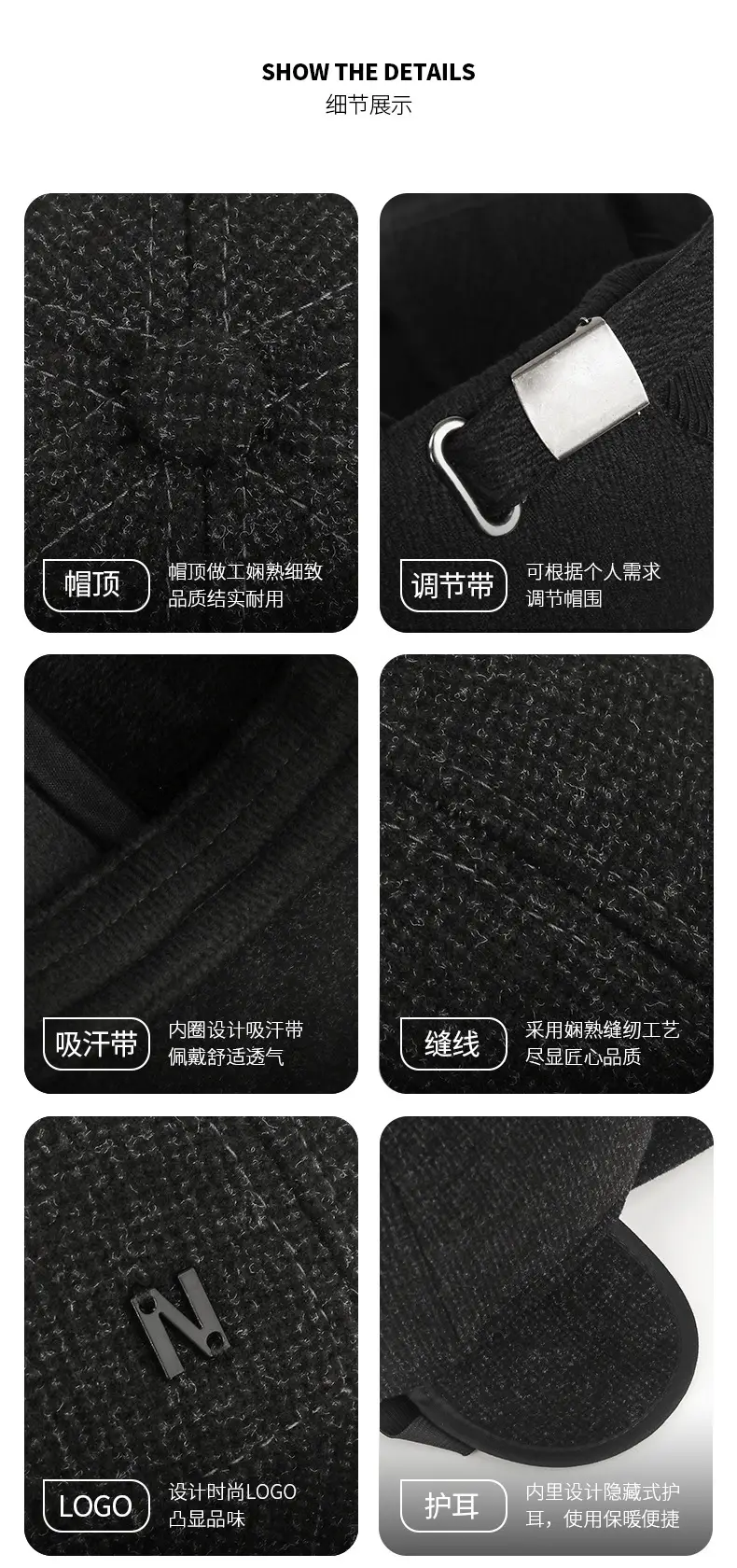 Men's Black Baseball Cap Windproof Ear Protection — feature 2