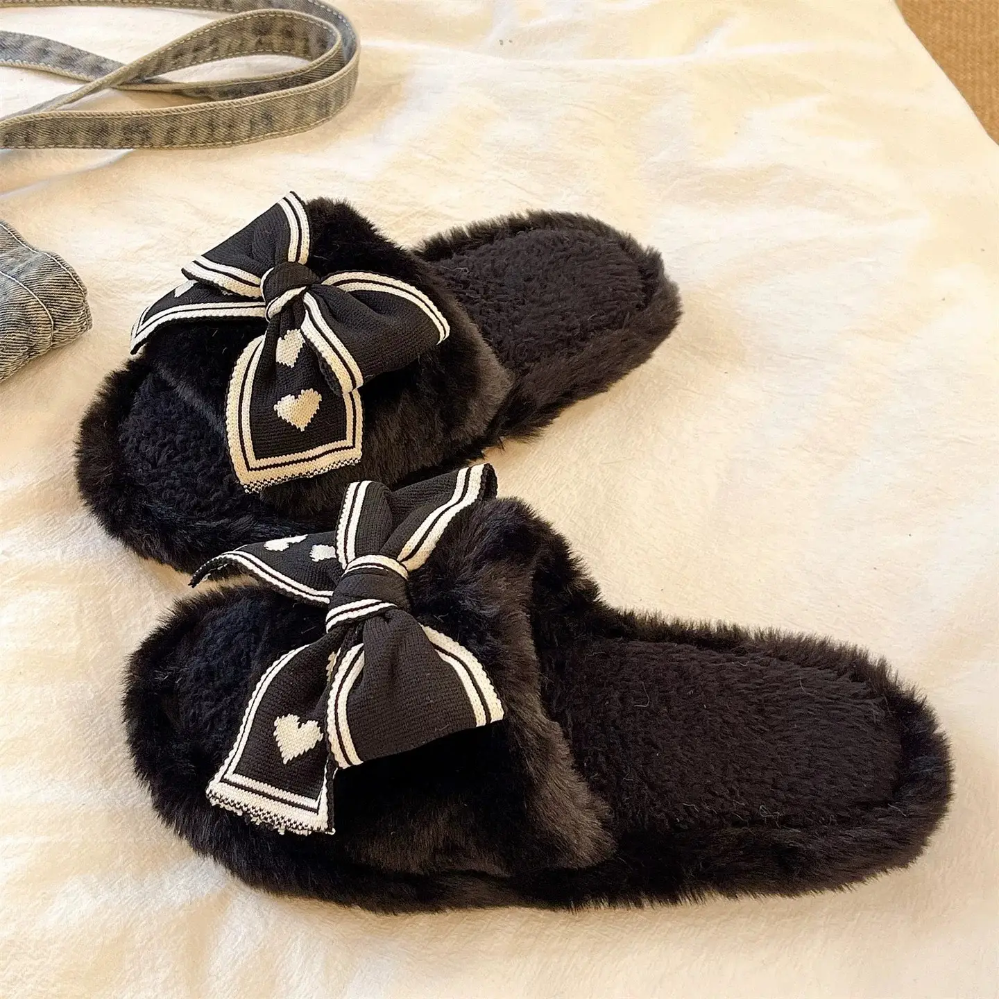 Women's Bowknot Furry Slippers Winter Warm Cotton Indoor Non-Slip - Image 10