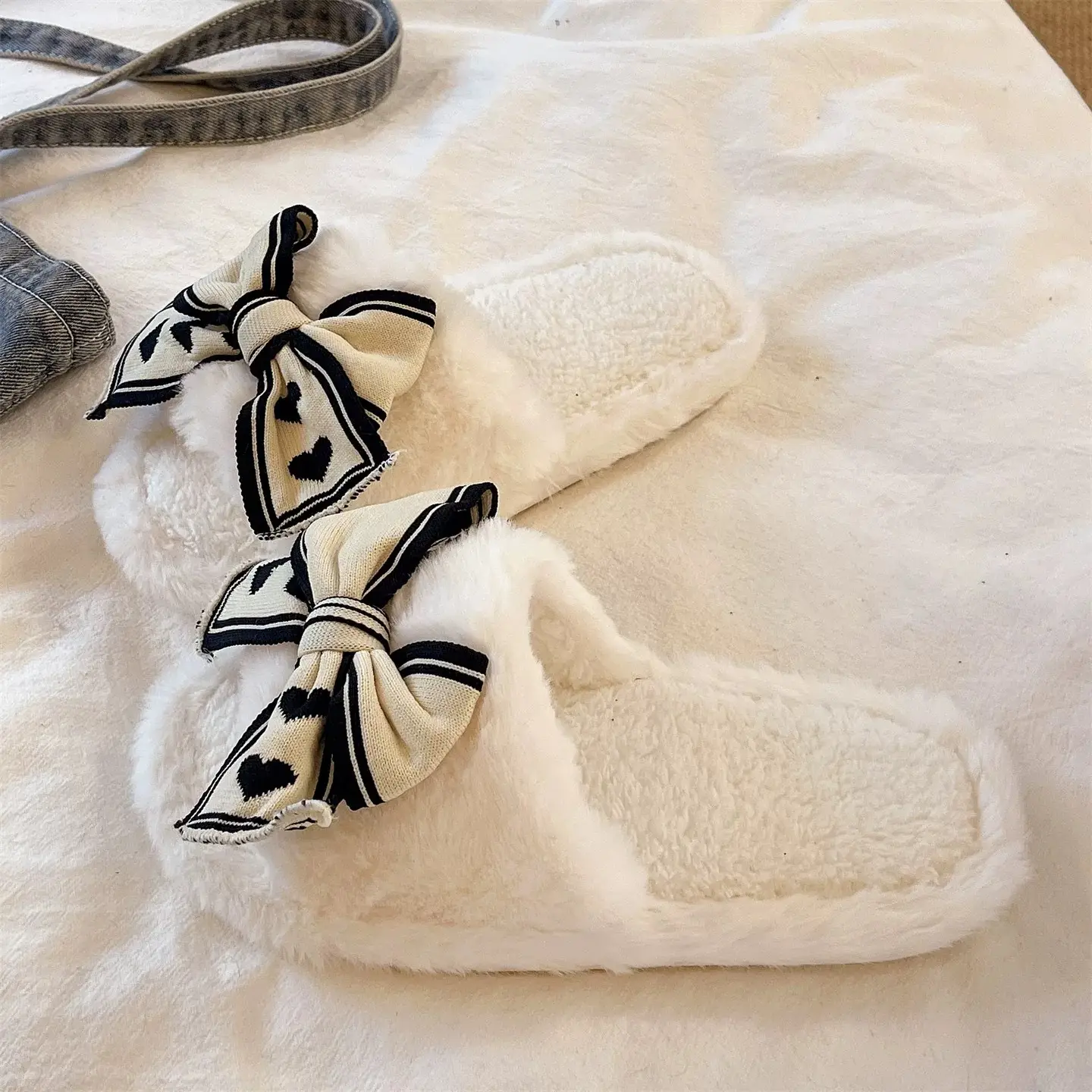 Women's Bowknot Furry Slippers Winter Warm Cotton Indoor Non-Slip - Image 11