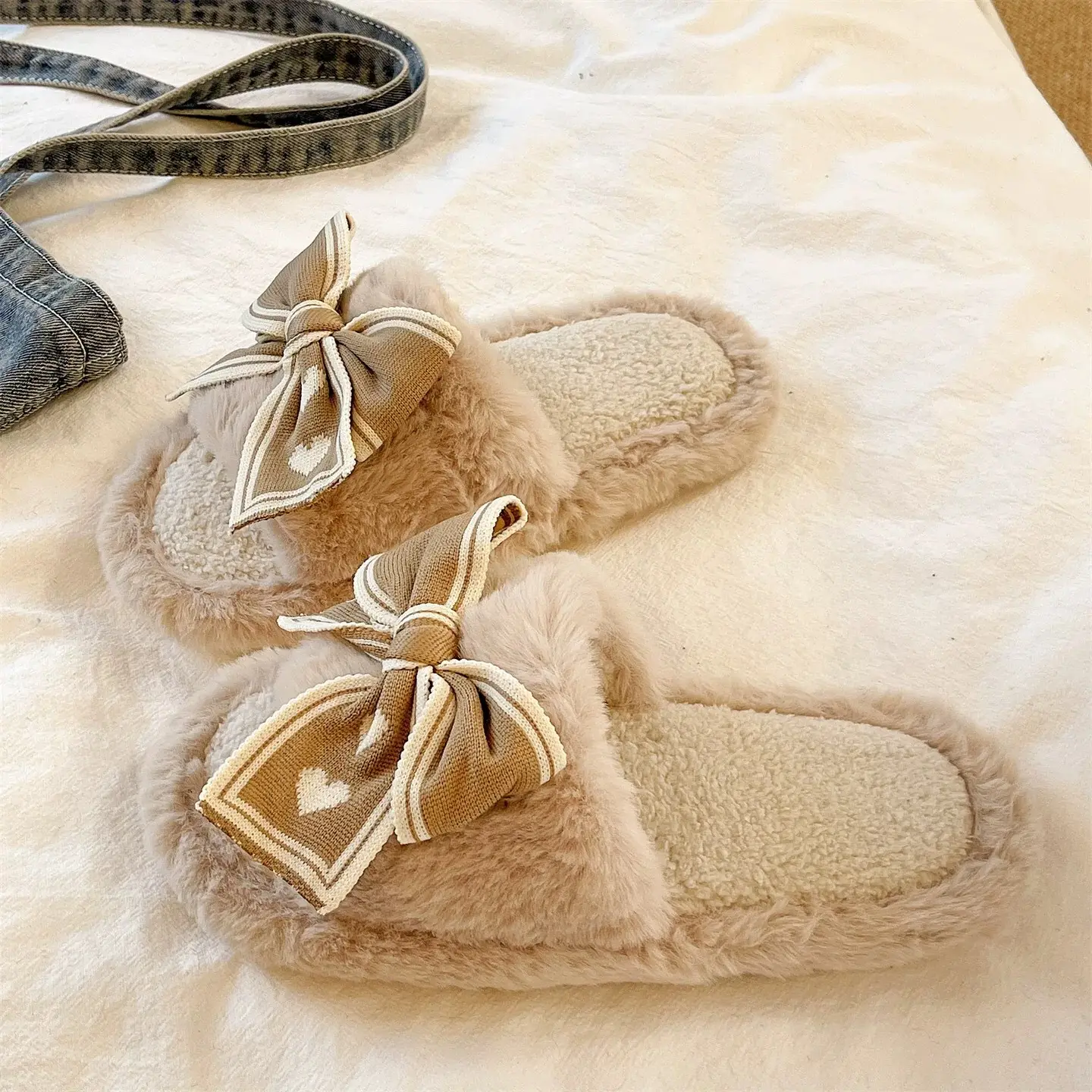 Women's Bowknot Furry Slippers Winter Warm Cotton Indoor Non-Slip - Image 12