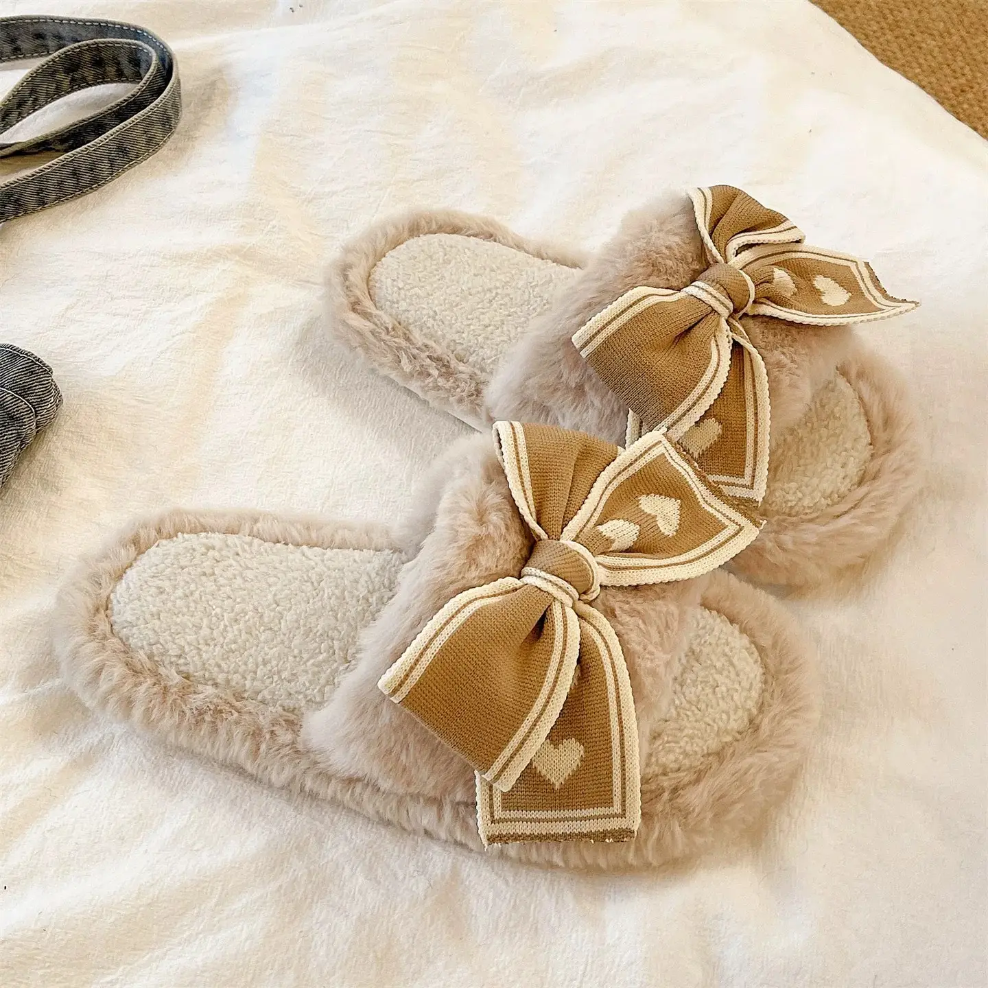 Women's Bowknot Furry Slippers Winter Warm Cotton Indoor Non-Slip - Image 13