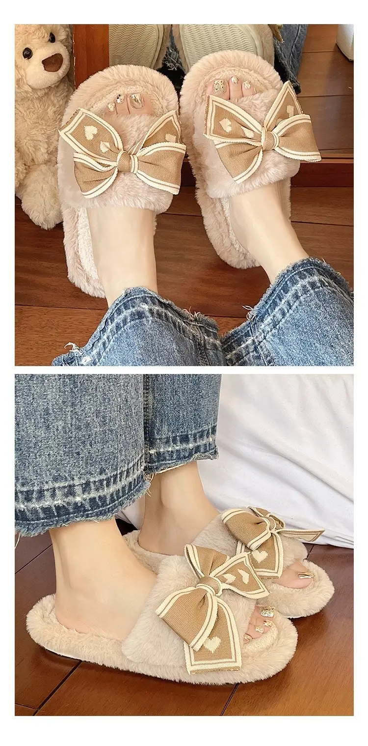 Women's Bowknot Furry Slippers Winter Warm Cotton Indoor Non-Slip — feature 10
