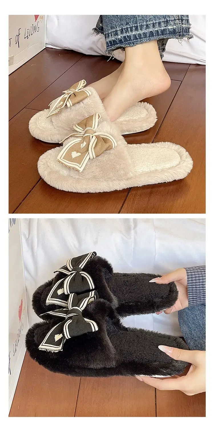 Women's Bowknot Furry Slippers Winter Warm Cotton Indoor Non-Slip — feature 11