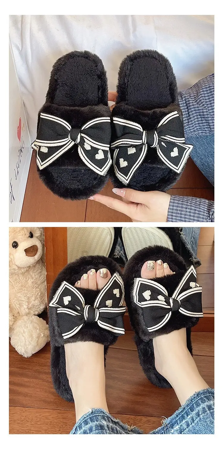Women's Bowknot Furry Slippers Winter Warm Cotton Indoor Non-Slip — feature 12