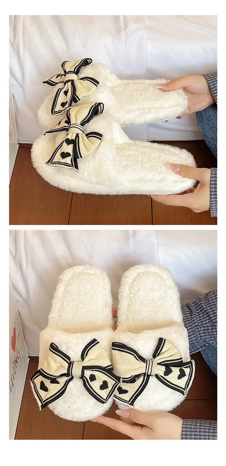 Women's Bowknot Furry Slippers Winter Warm Cotton Indoor Non-Slip — feature 14