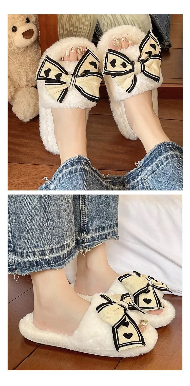 Women's Bowknot Furry Slippers Winter Warm Cotton Indoor Non-Slip — feature 15