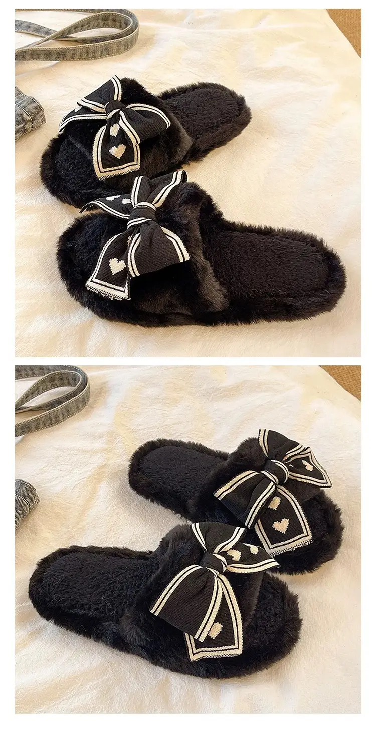 Women's Bowknot Furry Slippers Winter Warm Cotton Indoor Non-Slip — feature 3