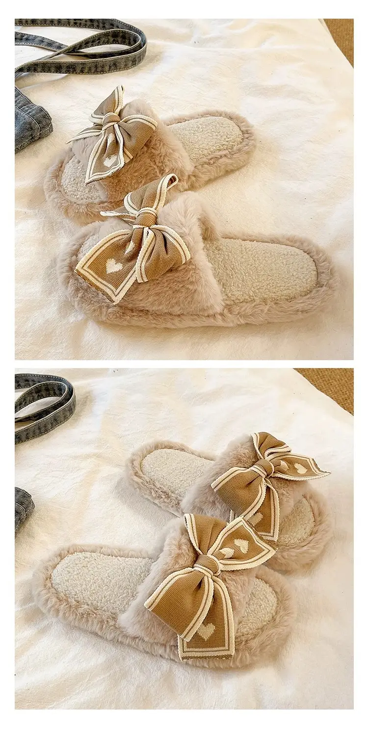 Women's Bowknot Furry Slippers Winter Warm Cotton Indoor Non-Slip — feature 6