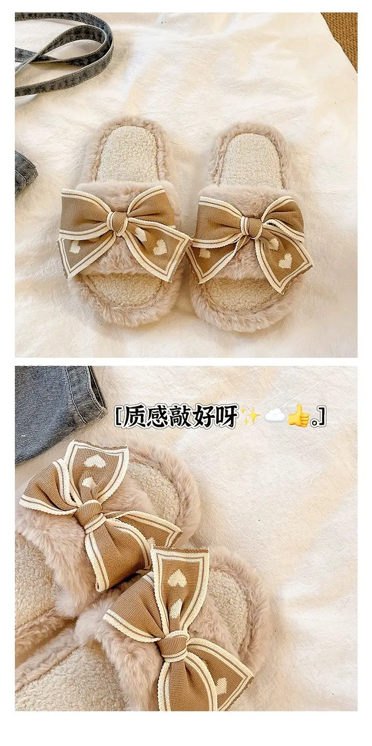 Women's Bowknot Furry Slippers Winter Warm Cotton Indoor Non-Slip — feature 7