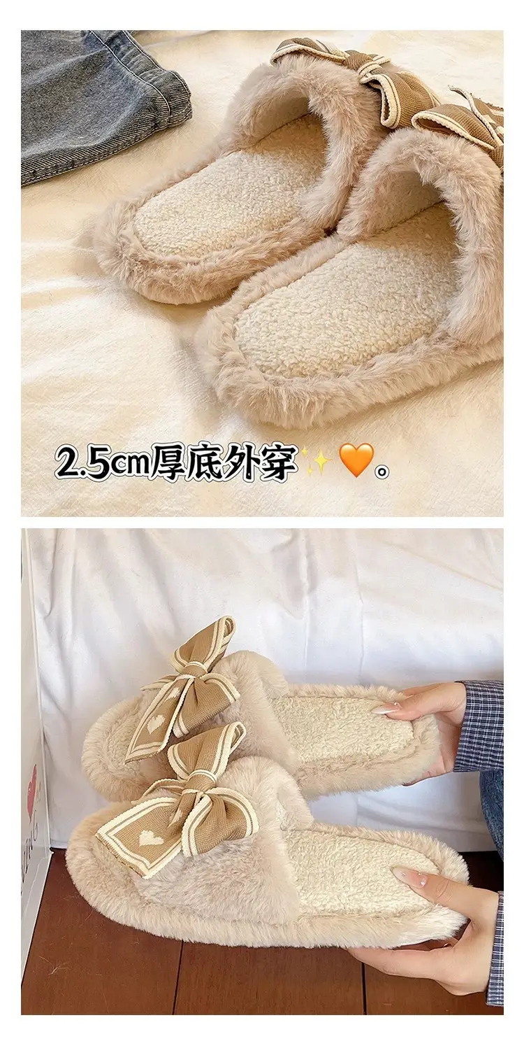 Women's Bowknot Furry Slippers Winter Warm Cotton Indoor Non-Slip — feature 8
