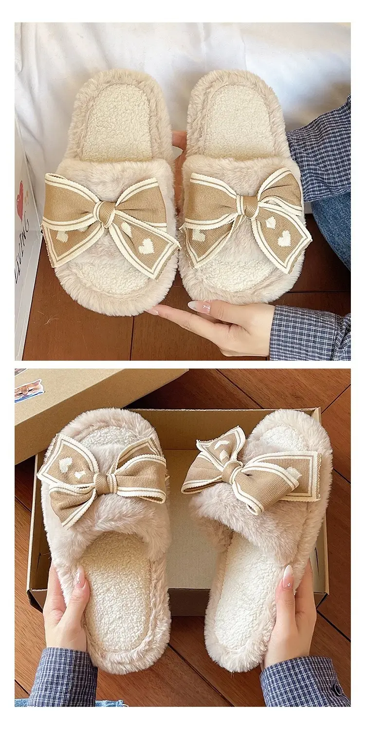 Women's Bowknot Furry Slippers Winter Warm Cotton Indoor Non-Slip — feature 9