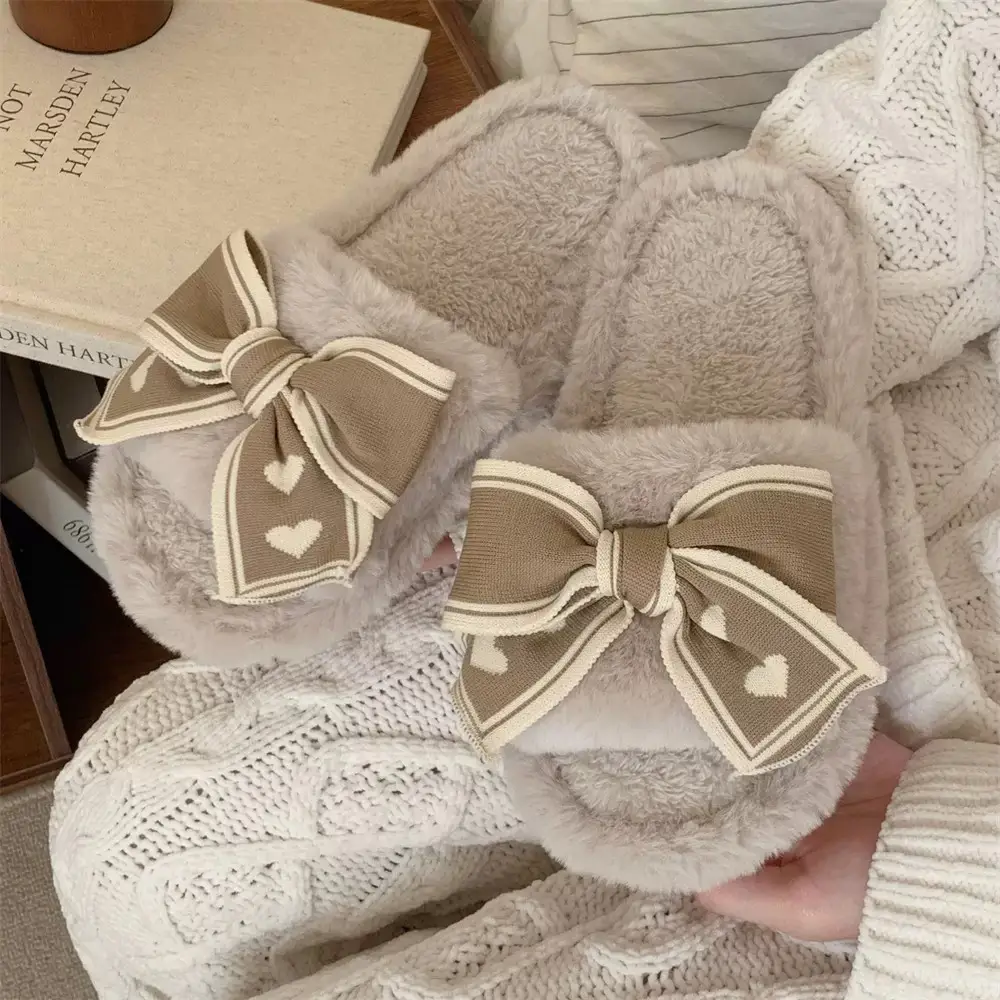 Women's Bowknot Furry Slippers Winter Warm Cotton Indoor Non-Slip - Image 2