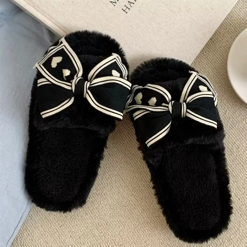 Women's Bowknot Furry Slippers Winter Warm Cotton Indoor Non-Slip - Image 3